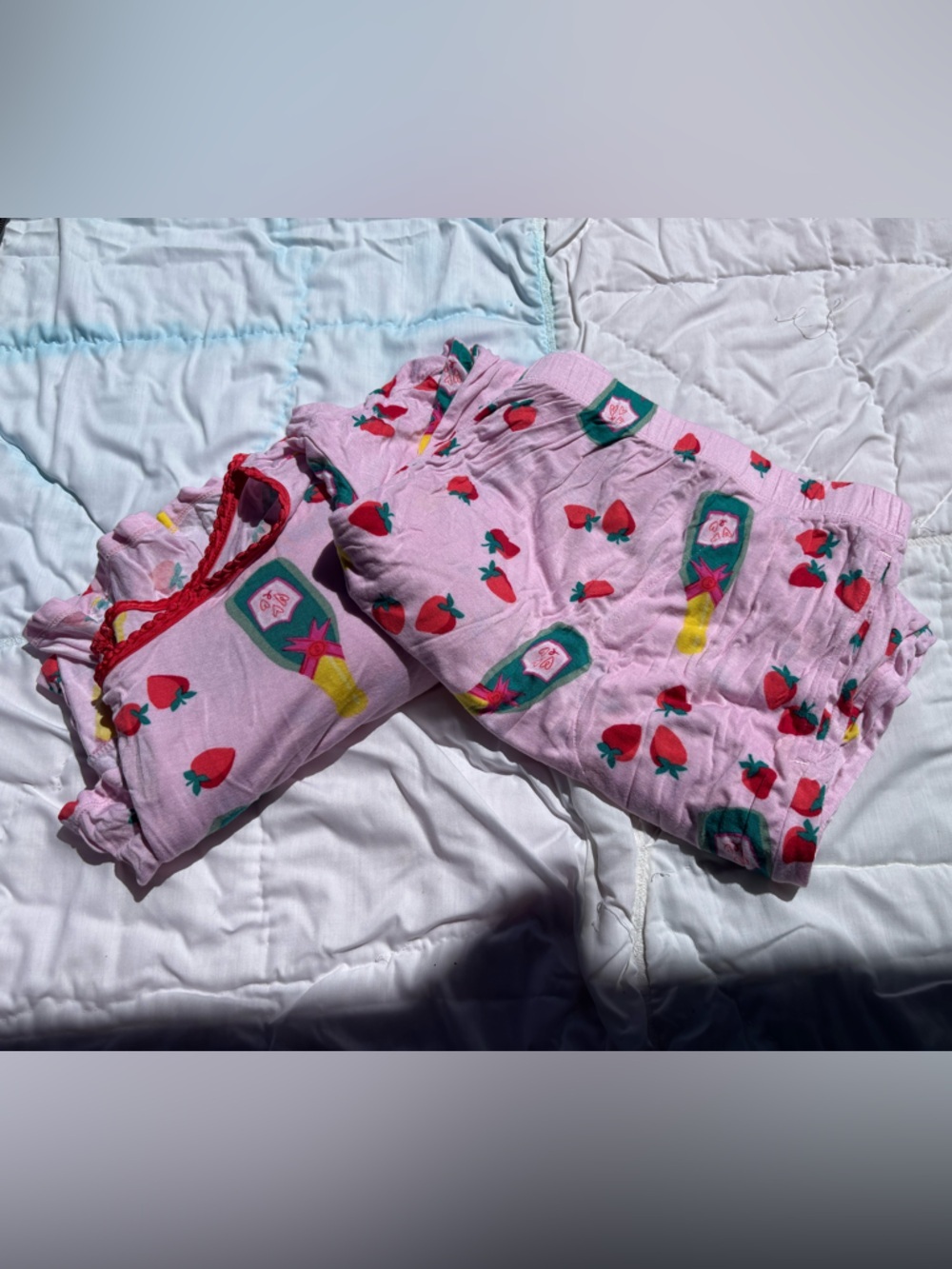 Pink Strawberry-Print Women's Pajama Set with Bottle Motif